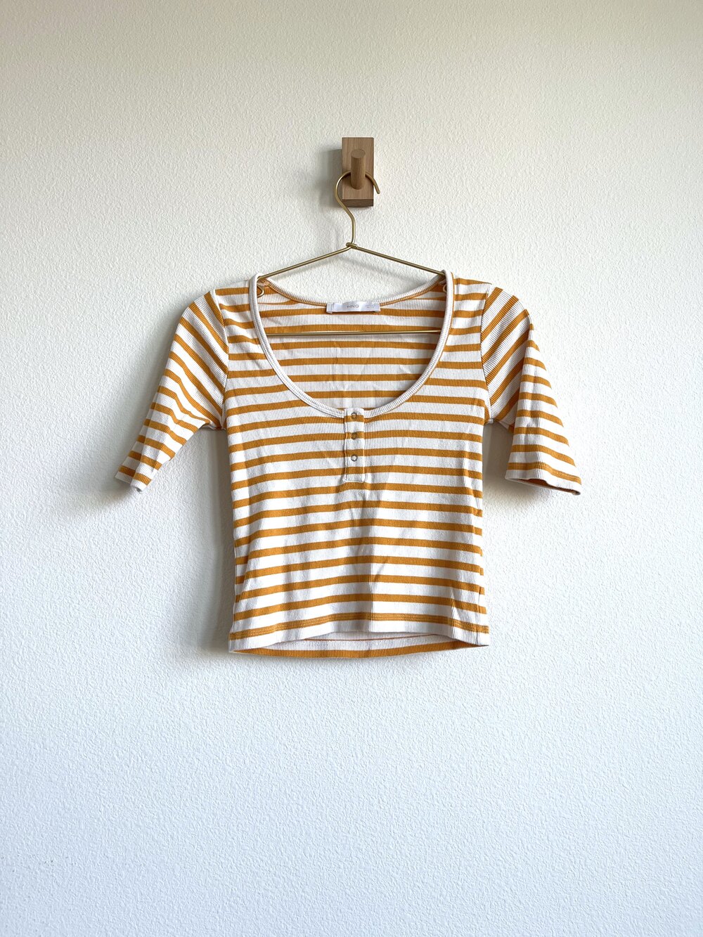 Mango Yellow & White Striped Ribbed Cropped Henley Top - Size S